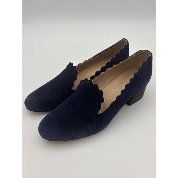 Chloé Suede Scalloped Loafers Navy Blue Suede Pumps Size 39.5 / 9.5 Block Heel - Picture 4 of 16